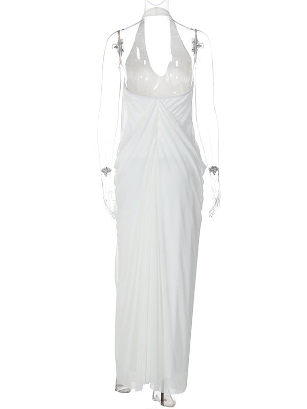 White Halter Neck Open Back Draped Hem Maternity Photoshoot Maxi Dress for Maternity