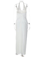 White Halter Neck Open Back Draped Hem Maternity Photoshoot Maxi Dress for Maternity