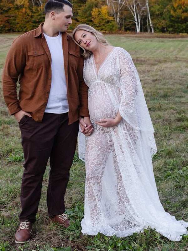 Floral Lace Backless Boho Baby Shower Flare Sleeve Pregnant Maternity Photoshoot Maxi Dress for Maternity