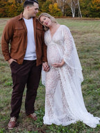 Floral Lace Backless Boho Baby Shower Flare Sleeve Pregnant Maternity Photoshoot Maxi Dress for Maternity