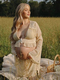 Apricot Lace Ruffle Splicing Lace Up Button Two Piece Photoshoot Maternity Maxi Dress for Maternity