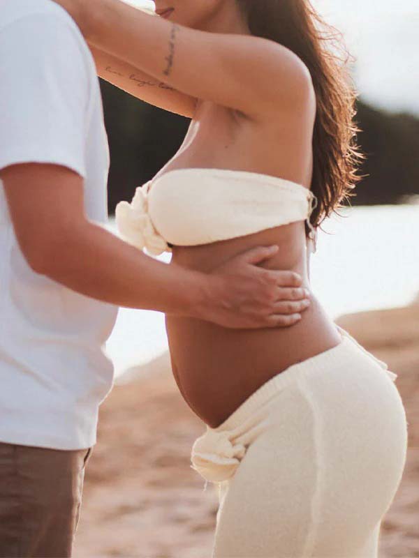 Beige Two Piece 3d Flowers Knit Backless Photoshoot Maternity Maxi Dress for Maternity