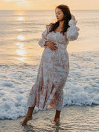 Ruffle Ruched High Waist Puff Sleeve Cute Photoshoot Western Maternity Maxi Dress for Maternity