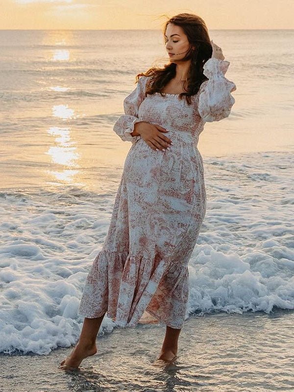Ruffle Ruched High Waist Puff Sleeve Cute Photoshoot Western Maternity Maxi Dress for Maternity