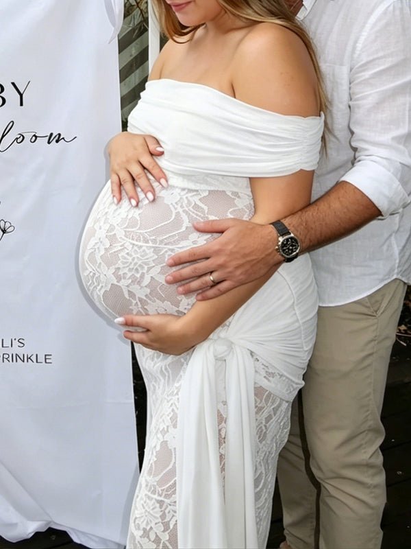 Off Shoulder Lace Backless Ribbon Ruched Maternity Baby Shower Maxi Dress for Maternity
