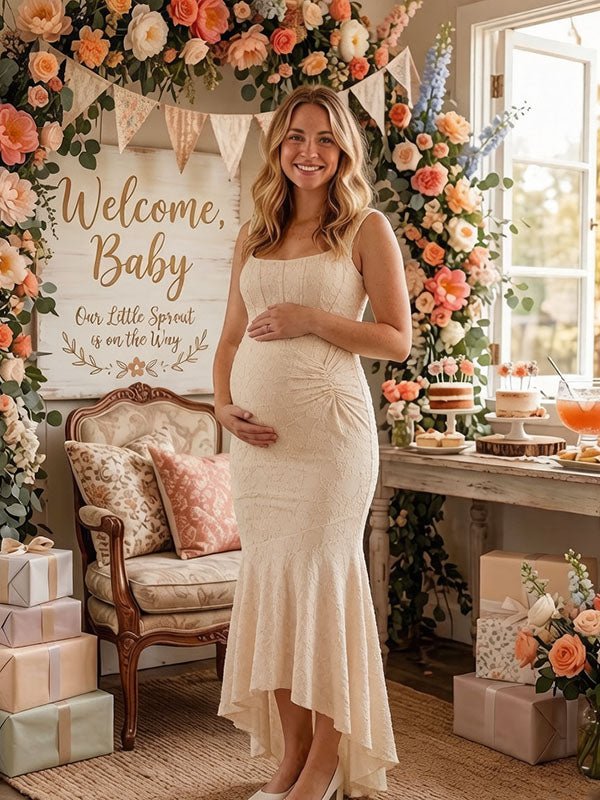 Elegant Beige Ruched Floral Irregular Mermaid Bodycon Maternity Baby Shower Maxi Dress for Maternity