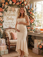 Elegant Beige Ruched Floral Irregular Mermaid Bodycon Maternity Baby Shower Maxi Dress for Maternity