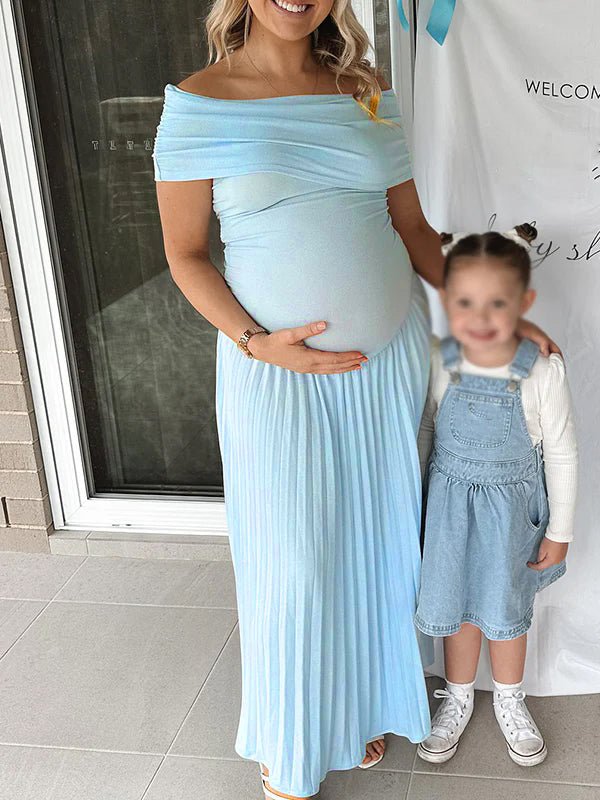 Solid Color Ruched Pleated Off Shoulder Big Swing Elegant Cocktail Party Maternity Photoshoot Baby Shower Maxi Dress for Maternity