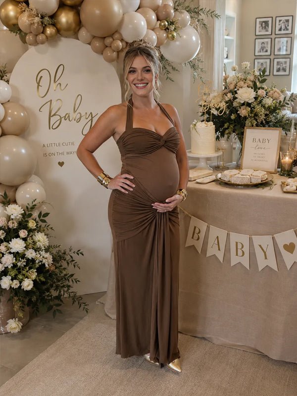 Brown Mesh Ruched Draped Backless Bodycon Elegant Maternity Maxi Dress for Maternity
