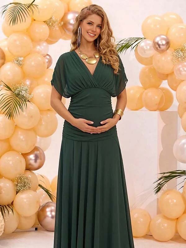Chic Grenadine Ruched Off Shoulder Flowy Baby Shower Maternity Maxi Dress for Maternity