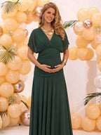 Chic Grenadine Ruched Off Shoulder Flowy Baby Shower Maternity Maxi Dress for Maternity