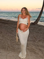 Sequin Spaghetti Strap Ruched Two Piece Maternity Photoshoot Maxi Dress for Maternity