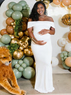 White Off Shoulder Open Back Ruched Maternity Baby Shower Maxi Dress for Maternity