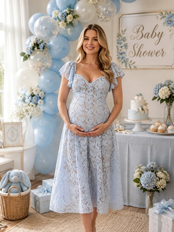 Lace High Waisted Backless Puff Sleeve A-line Maternity Baby Shower Midi Dress for Maternity