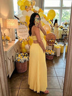 Elegant Yellow Pleated Cut Out Big Swing Baby Shower Maternity Maxi Dress for Maternity