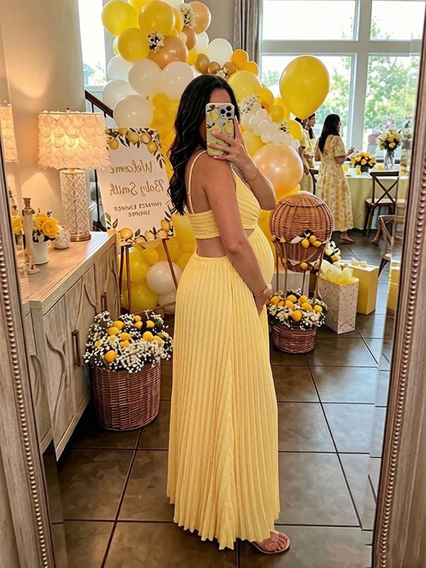 Elegant Yellow Pleated Cut Out Big Swing Baby Shower Maternity Maxi Dress for Maternity