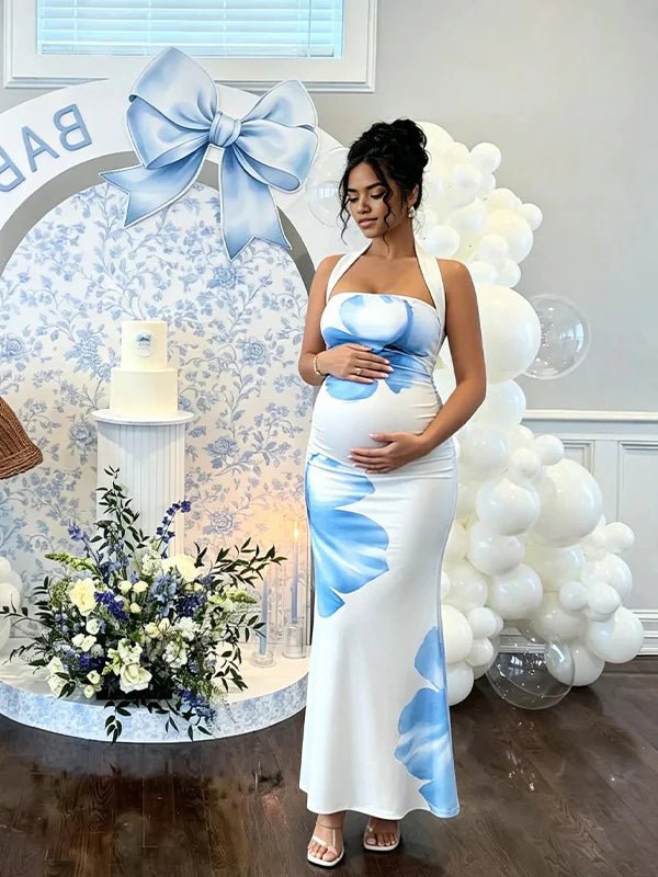 Flowers Halter Neck Open Back Maternity Baby Shower Maxi Dress for Maternity