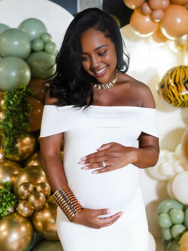 White Off Shoulder Open Back Ruched Maternity Baby Shower Maxi Dress for Maternity
