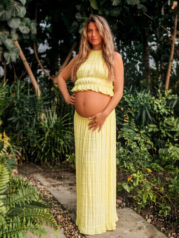 Chic Yellow Halter Neck Two Piece Ruffle Backless Lace-up Photoshoot Maternity Maxi Dress for Maternity