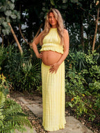Chic Yellow Halter Neck Two Piece Ruffle Backless Lace-up Photoshoot Maternity Maxi Dress for Maternity