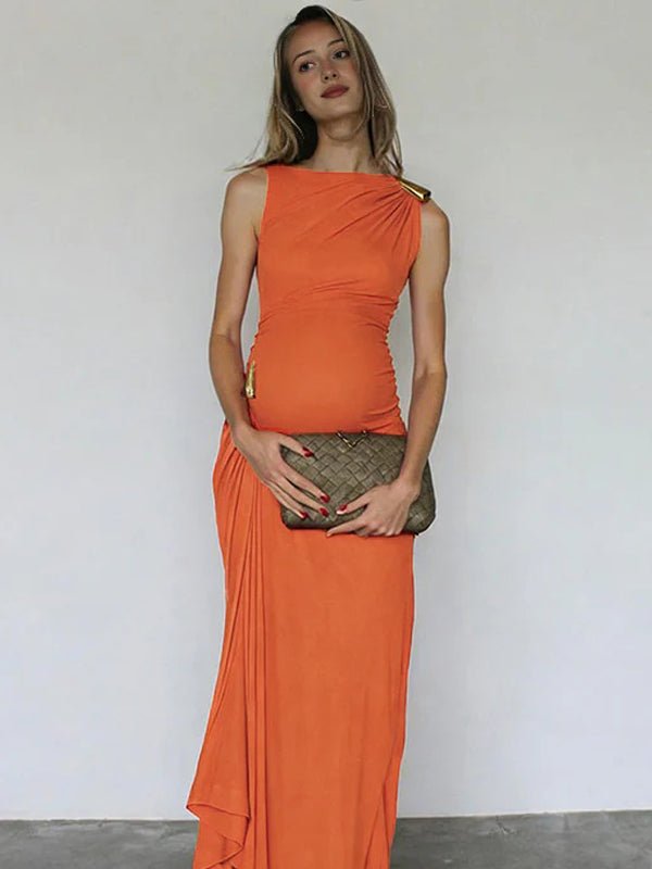 Chic Studded Cascading Ruffle Irregular Side Draped Baby Shower Cocktail Maternity Maxi Dress for Maternity