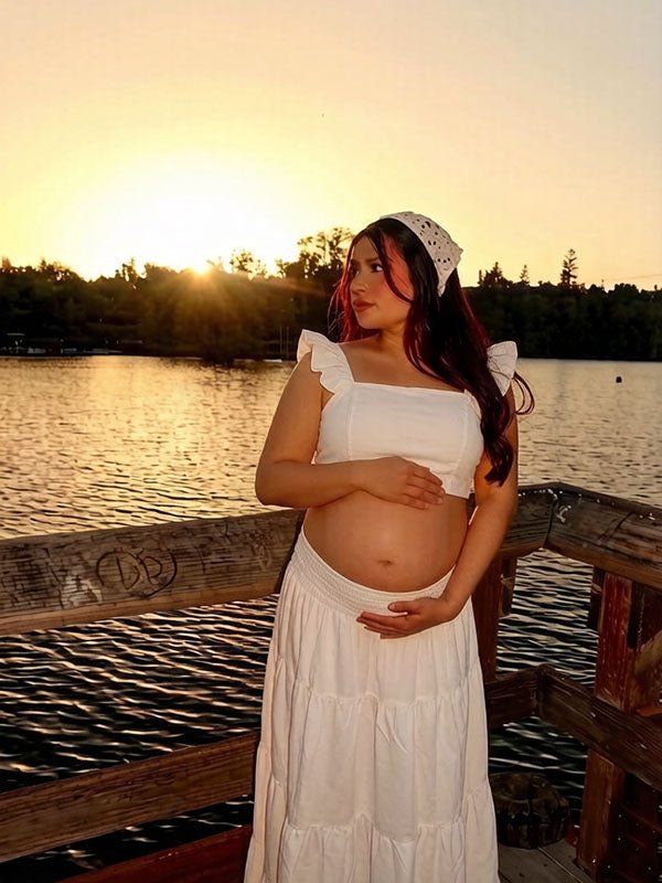 Chic White Two Piece Falbala A-line Shirring Vacation Maternity Maxi Dress for Maternity