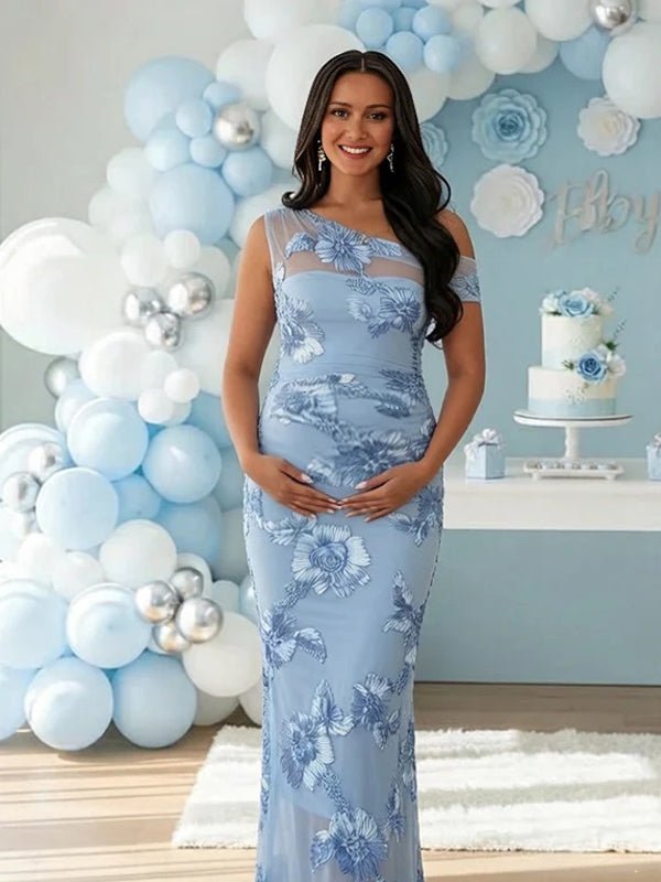 Chic Blue Bodycon Oblique Shoulder Embroidery Flowers Baby Shower Maternity Maxi Dress for Maternity