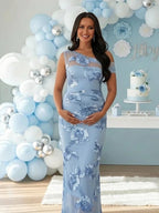 Chic Blue Bodycon Oblique Shoulder Embroidery Flowers Baby Shower Maternity Maxi Dress for Maternity