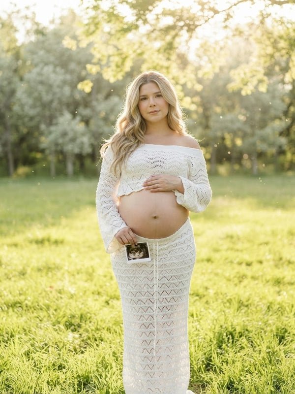 White Off Shoulder Lace Up Crochet Backless Maternity Photoshoot Maxi Dress for Maternity