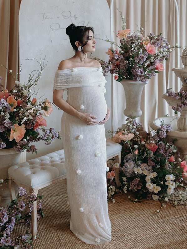 White Off Shoulder 3d Flowers Grenadine Sheer Bodycon Elegant Beach Photoshoot Baby Shower Maternity Maxi Dress for Maternity