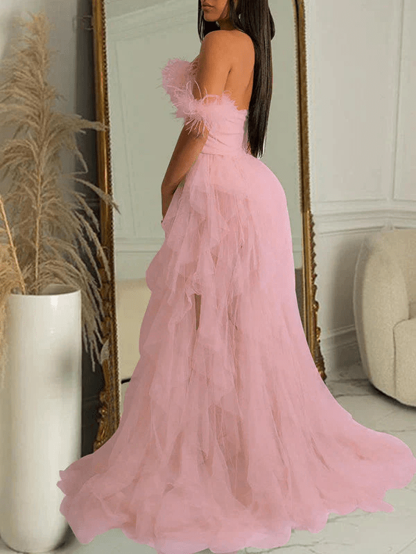 Bandeau Off Shoulder Feather Tulle Tutu Grenadine Photoshoot Maternity Maxi Dress for Maternity