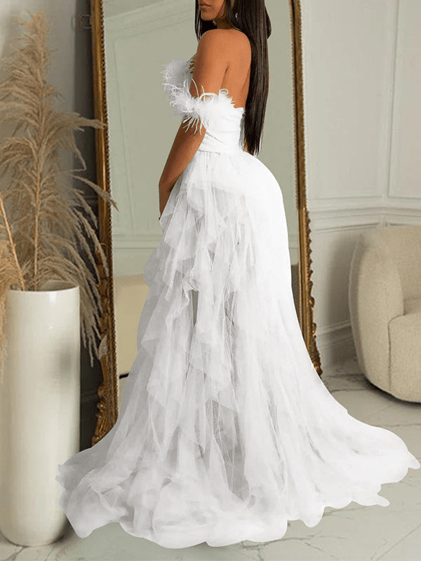 Bandeau Off Shoulder Feather Tulle Tutu Grenadine Photoshoot Maternity Maxi Dress for Maternity