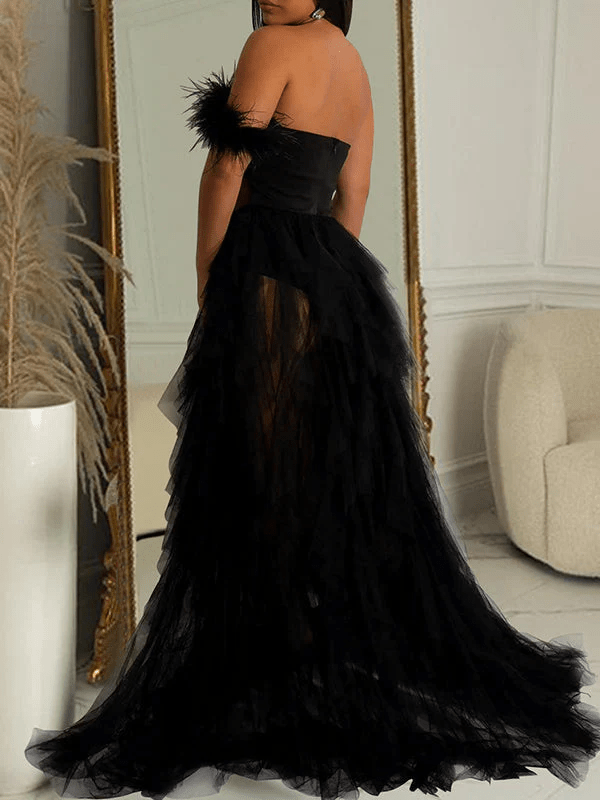 Bandeau Off Shoulder Feather Tulle Tutu Grenadine Photoshoot Maternity Maxi Dress for Maternity