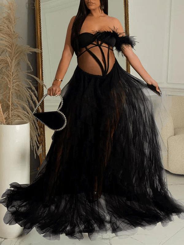 Bandeau Off Shoulder Feather Tulle Tutu Grenadine Photoshoot Maternity Maxi Dress for Maternity