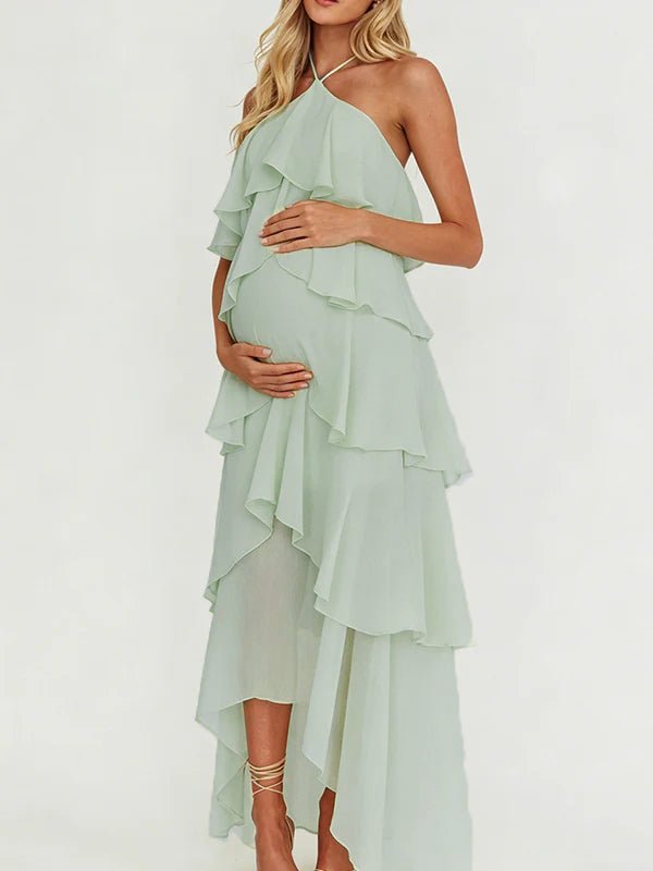Halter Neck Ruffle Backless Falbala Lace Up Maternity Baby Shower Maxi Dress for Maternity