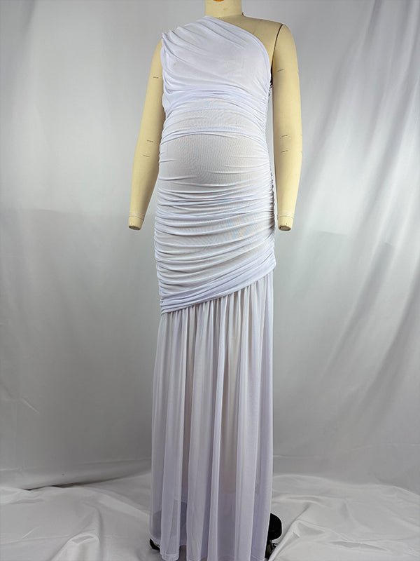 One Shoulder Mesh Ruched Mermaid Evening Gown Maternity Maxi Dress for Maternity