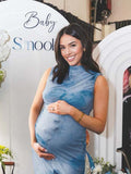 Blue Ruffle Grenadine Flowers Bodycon Elegant Maternity Photoshoot Baby Shower Maxi Dress for Maternity