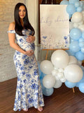Blue Floral Off Shoulder Mermaid Maternity Baby Shower Maxi Dress for Maternity