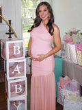 One Shoulder Mesh Ruched Mermaid Evening Gown Maternity Maxi Dress for Maternity
