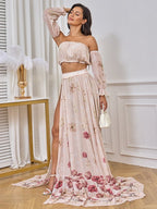 Two Piece Boho Flower Printing Off Shoulder Chiffon Crop Bandeau Photoshoot Maternity Maxi Dress for Maternity