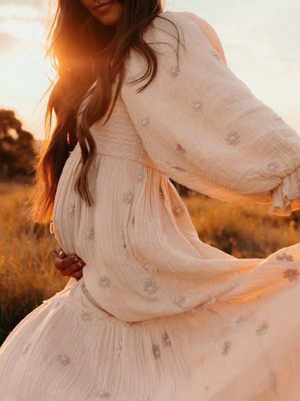Apricot Daisy Print Smocked Off Shoulder Ruffle Big Swing Elegant Vacation Maternity Photoshoot Baby Shower Party Maxi Dress for Maternity