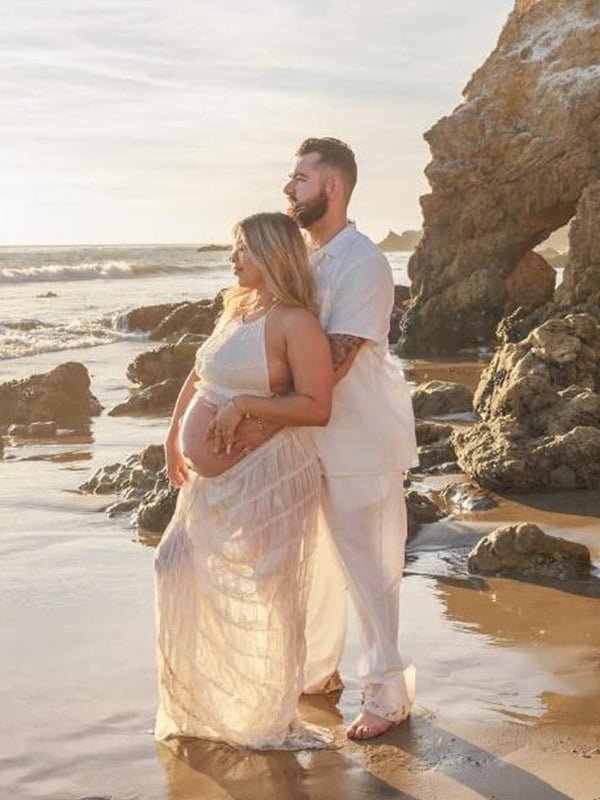 Beige 2 Piece Smocked Ruffle Backless Flowy Elegant Vacation Beach Photoshoot Maternity Maxi Dress for Maternity