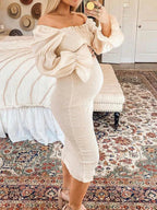 Ruffle Off Shoulder Long Sleeve Bodycon Baby Shower Maternity Midi Dress for Maternity