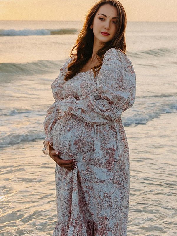 Ruffle Ruched High Waist Puff Sleeve Cute Photoshoot Western Maternity Maxi Dress for Maternity