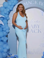 Ruched Bowknot Draped Halter Neck Backless Bodycon Maternity Maxi Dress for Maternity