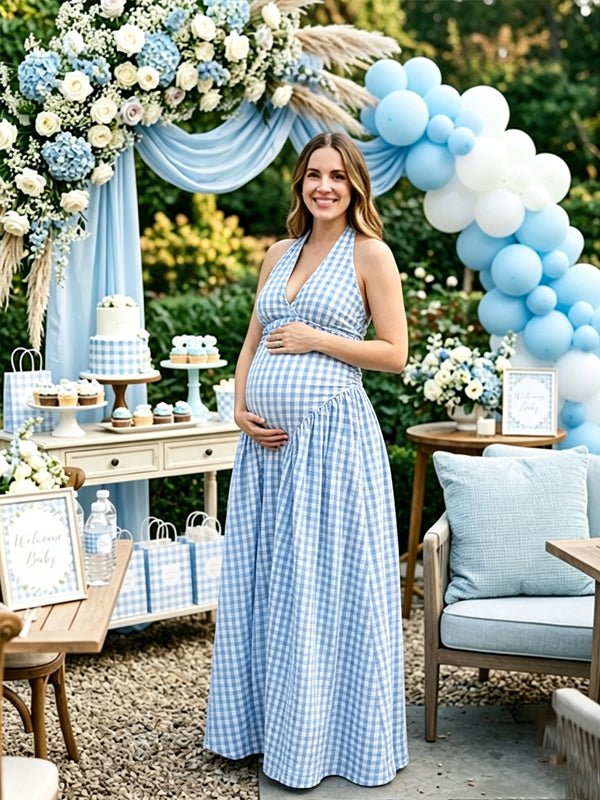 Halter Neck Open Back Flannel Dress Maternity Baby Shower Maxi Dress for Maternity