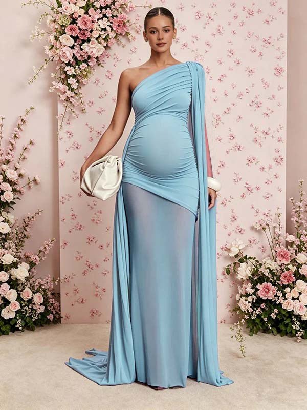 Chic Blue Ruched Oblique Shoulder Mesh Side Draped Baby Shower Maternity Maxi Dress for Maternity