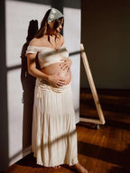 Ivory White Two Piece Set Off Shoulder Ruffle Falbala Bodycon Elegant Maternity Boho Photoshoot Baby Shower Maxi Dress for Maternity
