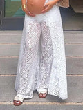 Chic White Side Slit Lace Photoshoot Vacation Two Piece Maternity Top Pant for Maternity