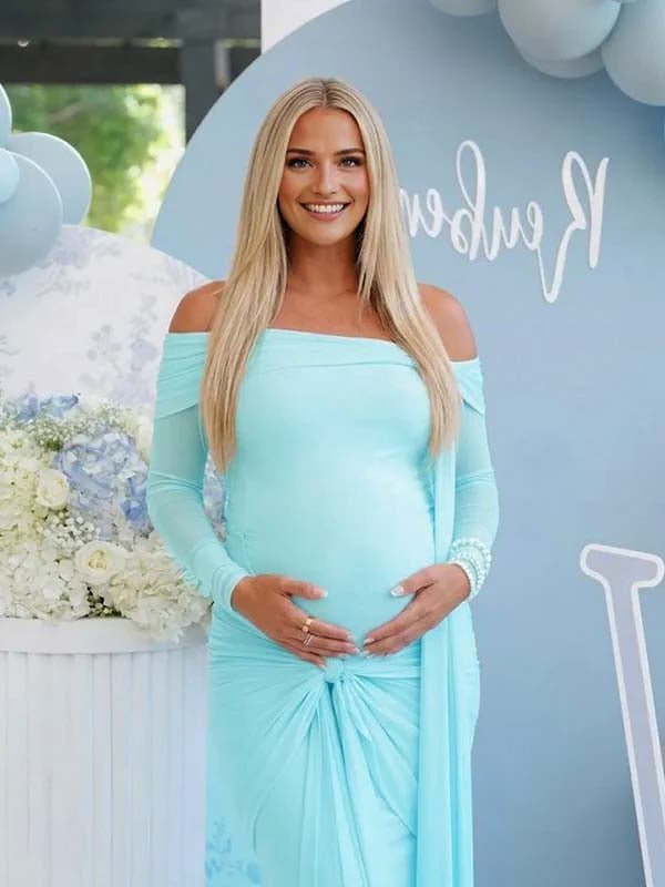 Blue Mesh Off Shoulder Ruched Bowknot Draped Maternity Maxi Dress for Maternity